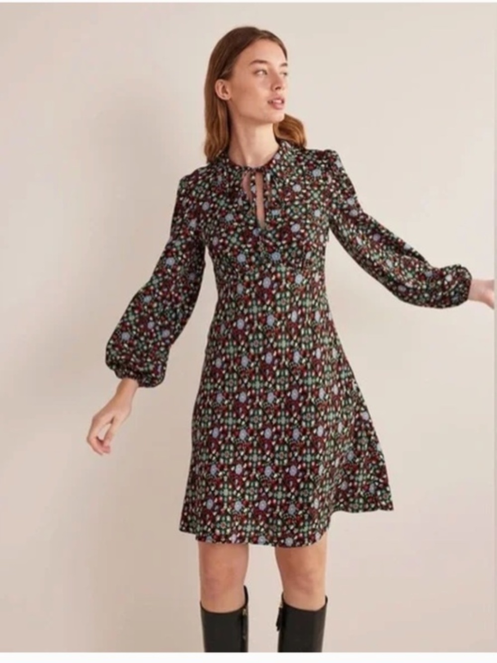 Boden Tie Neck Black Floral Gardenia Swirl Collared Dress US 12 Long